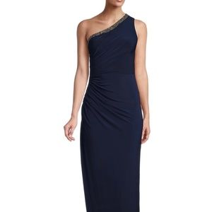 Navy One Shoulder Adrianna Papell Evening Gown 6